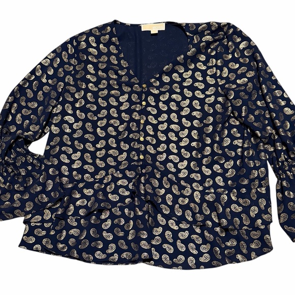 MICHAEL Michael Kors Tops - Michael Kors V Neck Navy and Gold Paisley Blouse